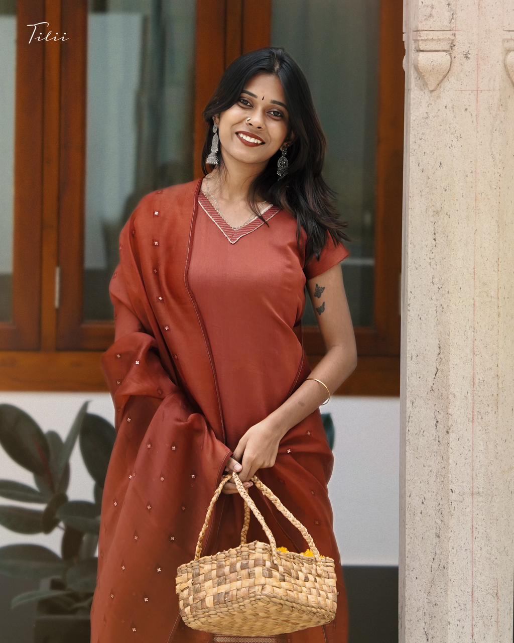 Unstitched suit set in rust brown