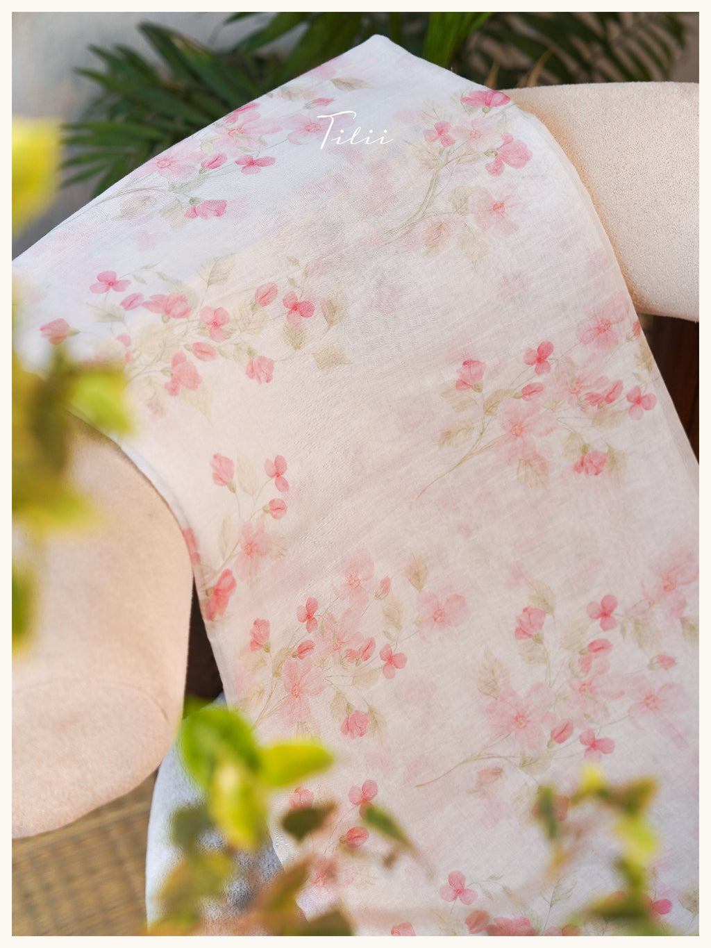 Unstitched mul chanderi suit set white base with pink flowers