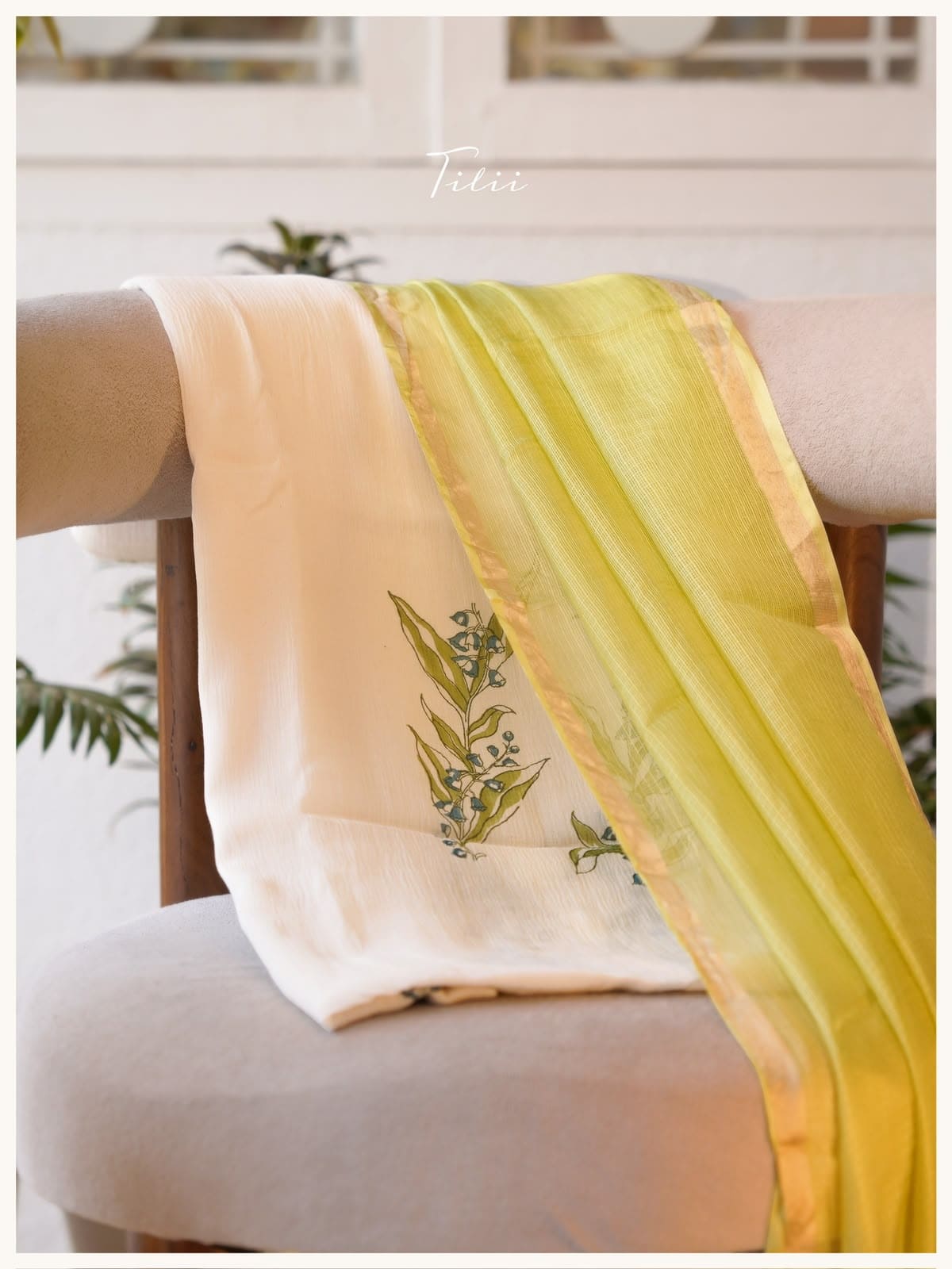 Unstitched mul crushed chanderi with blue bell flowers