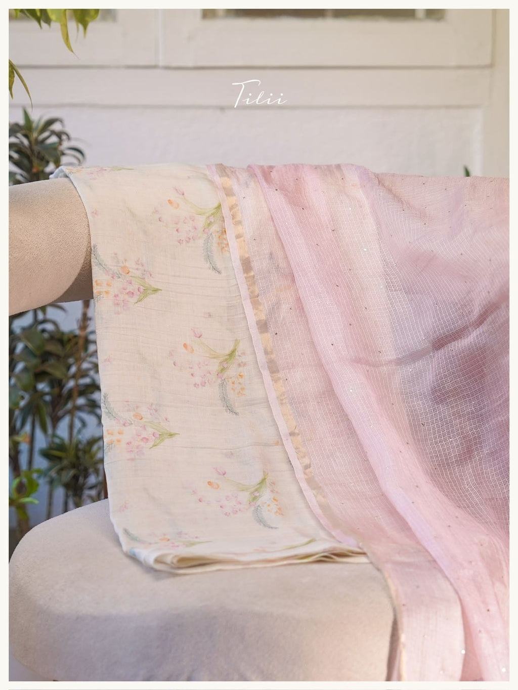 Unstitched mul chanderi white base with flowers