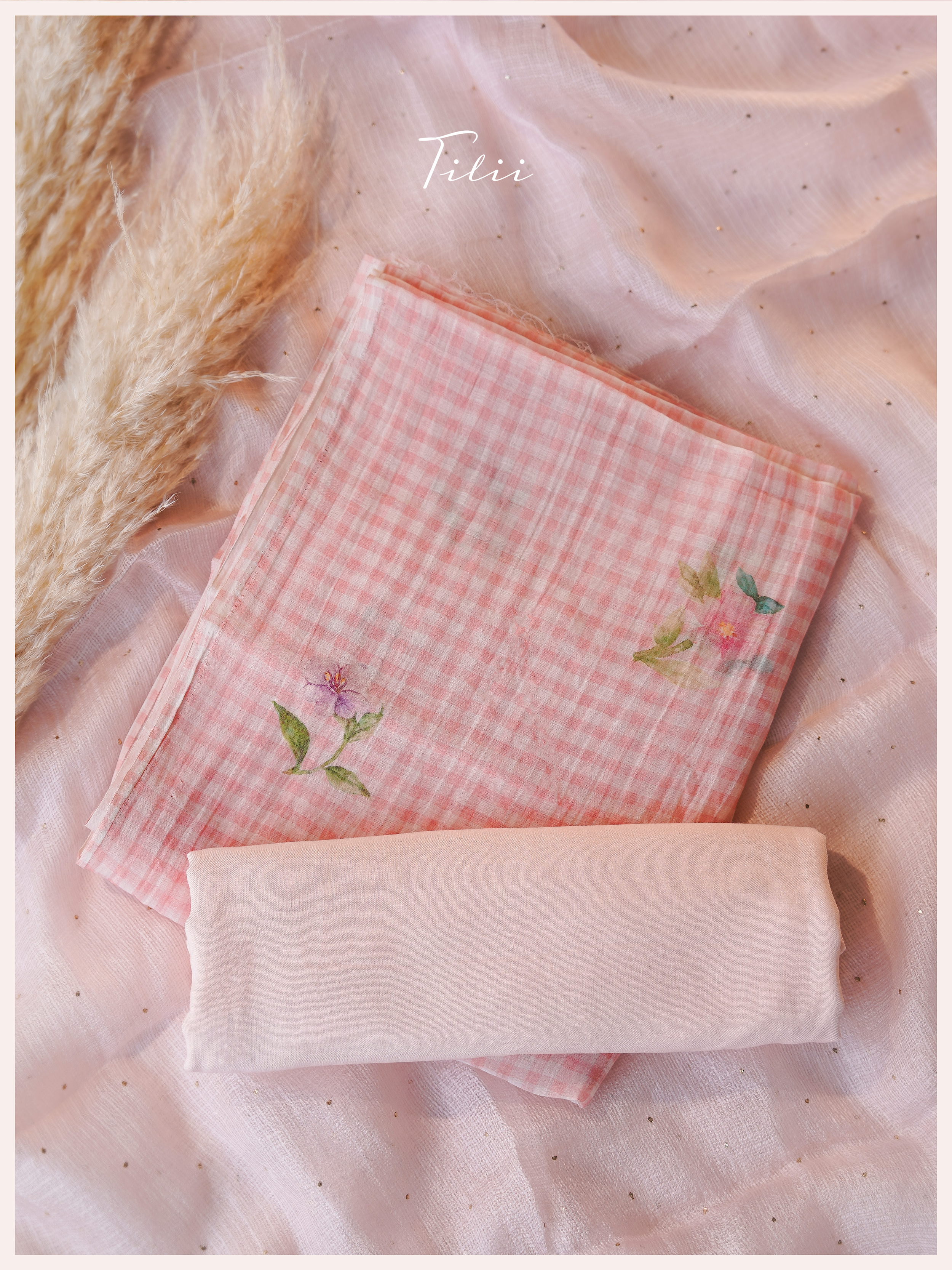 3 Piece Unstitched Suit Set in Floral Pink Checks